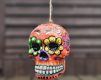 Mexican day of the Dead ceramic hanging sugar skull. Sugar skull bauble. Hand painted skull. Hanging skull decoration. Halloween decoration.