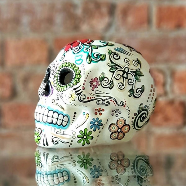 Day of the Dead hand painted sugar skull. Ceramic sugar skull. Sugar skull led lamp. Sugar skull night light. Calavera. Sugar skull decor.