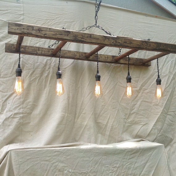 Country Style Barn Ladder Chandelier With Edison Lights Country Style Barn Ladder Chandelier, Ladder Light Fixture