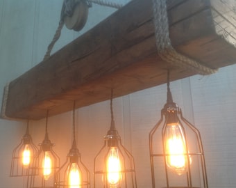 60” Country Style Barn With 5 Metal Cages, Edison Bulbs Barn Pulley and Rope Chandelier Light