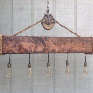 Country Style Barn Beam with Pulley, Rustic Rope , Edison Bulbs