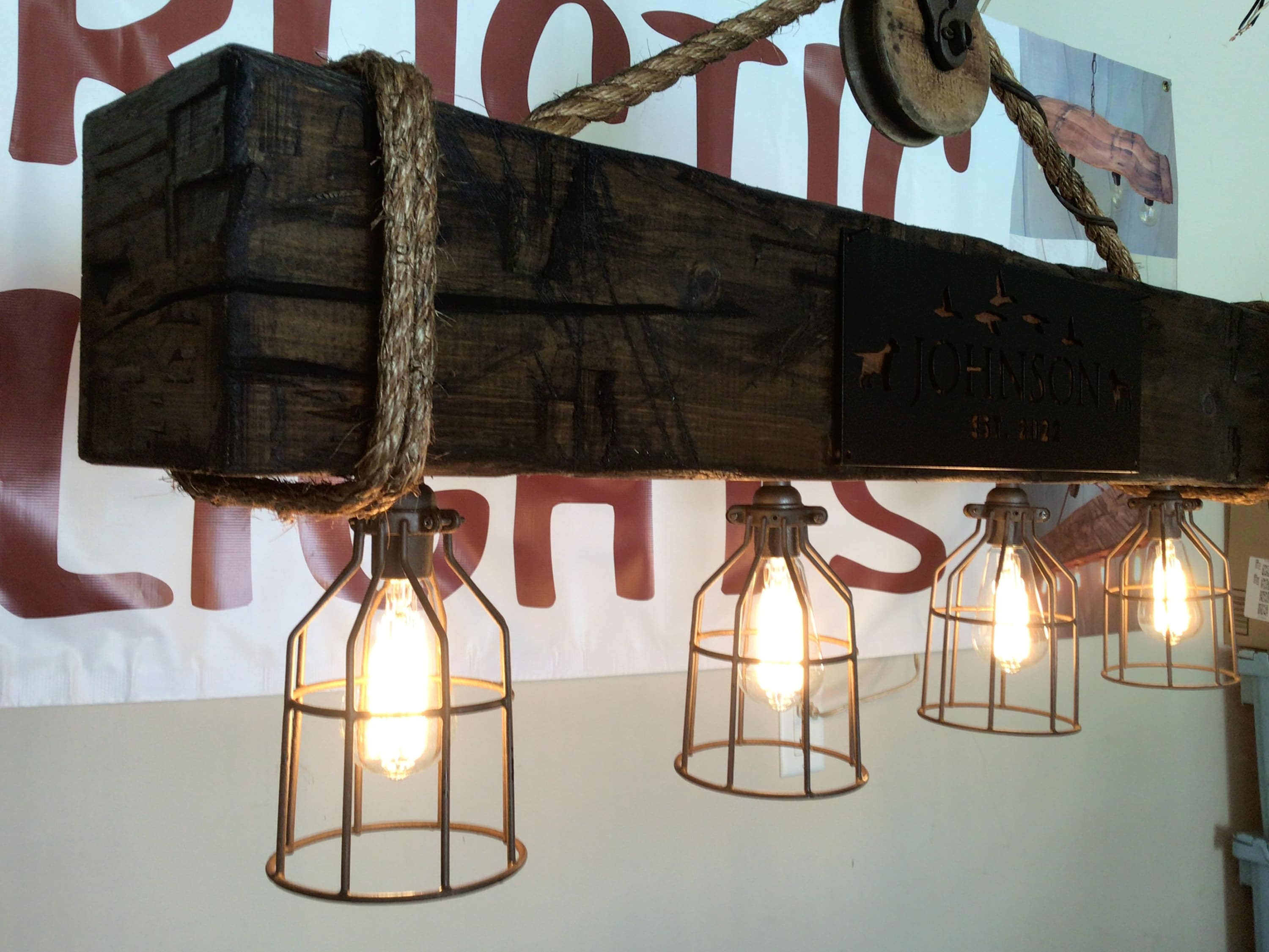 Rustic Country Barn Beam with Cage Lights