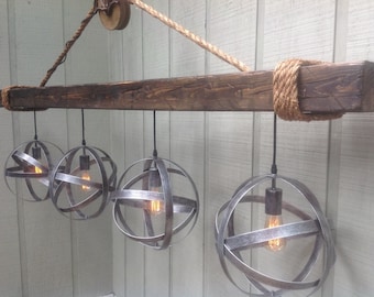 Industrial Metal Globe Barn Beam Style Chandelier, Rustic Light