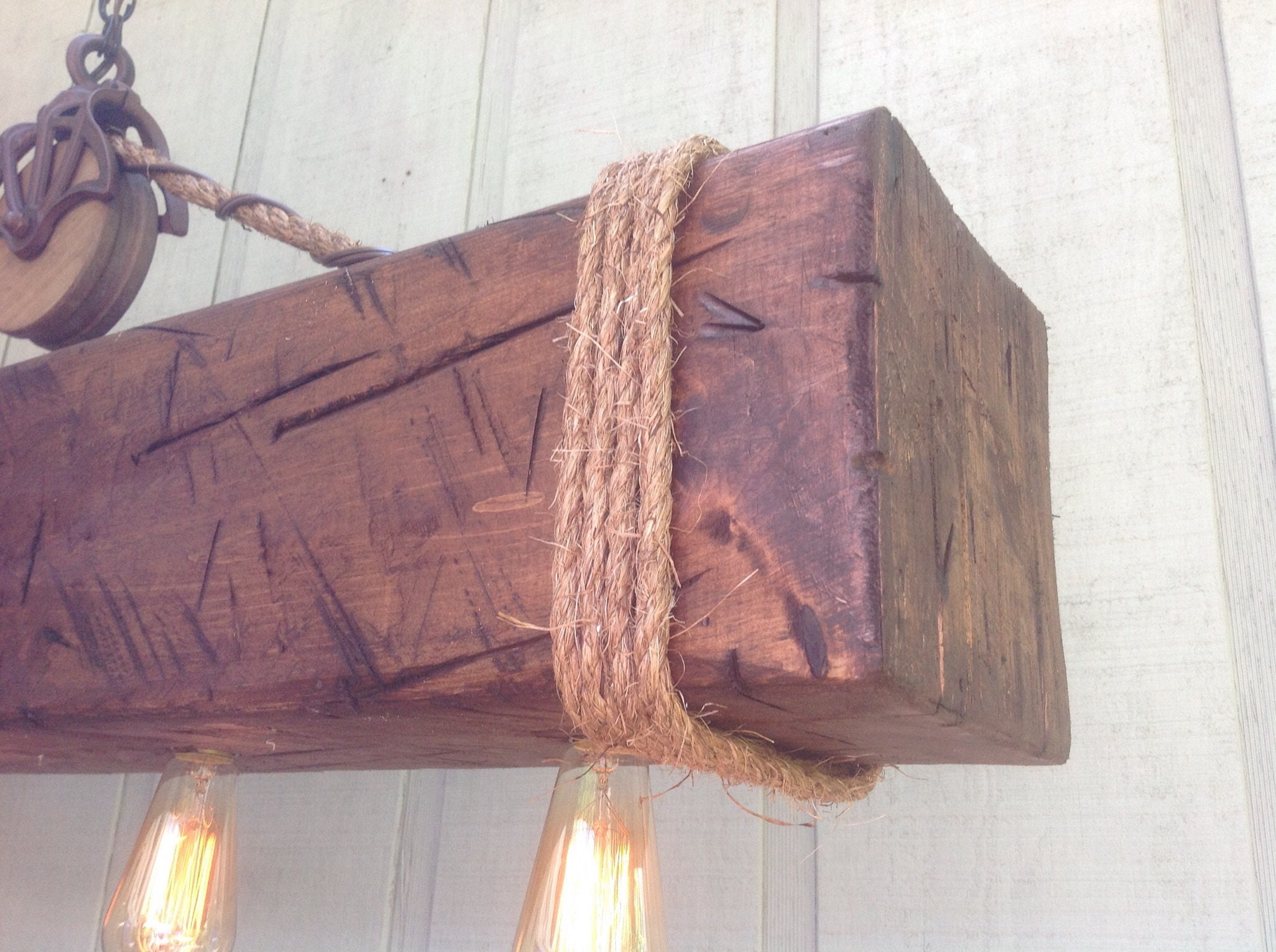 Rustic Barn Beam With Recessed Edison Bulbs, Barn Pulley, Country ...