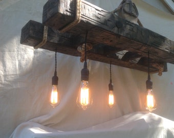 Double Barn Beam with Hanging Edison Bulbs, Barn Pulley , Handcrafted