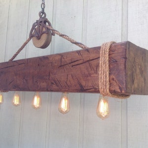 Rustic Barn Beam with Recessed Edison Bulbs, Barn Pulley, Country Mountain Retreat