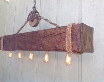 Rustic Barn Beam with Recessed Edison Bulbs, Barn Pulley, Country Mountain Retreat