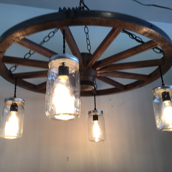 Authentic 30” Amish Wagon Wheel Chandelier with Mason Jars