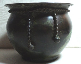 FLOWER  POT, Distressed Finish, Fake PATINA, Metal Pot, Distressed Antique Look, Self Metal Rope Tie