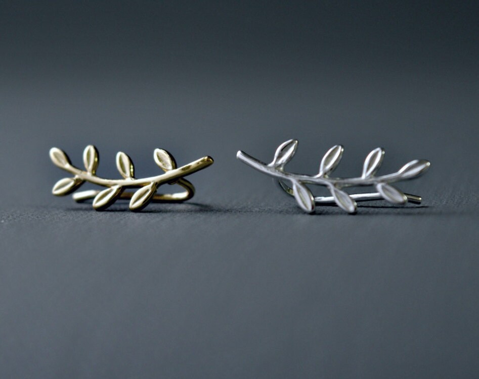 Leaf Ear Climber Gold Ear Cuff Climbing Earrings Leaves Etsy