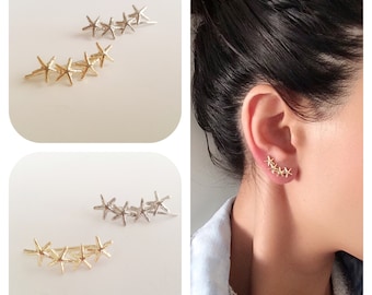 Starfish Earrings , Ear Crawler , Climber Earring , Gold Ear Cuff , Starfish Ear Pin , Gold Ear Cuff  , Ear Climber , Climbing Earrings
