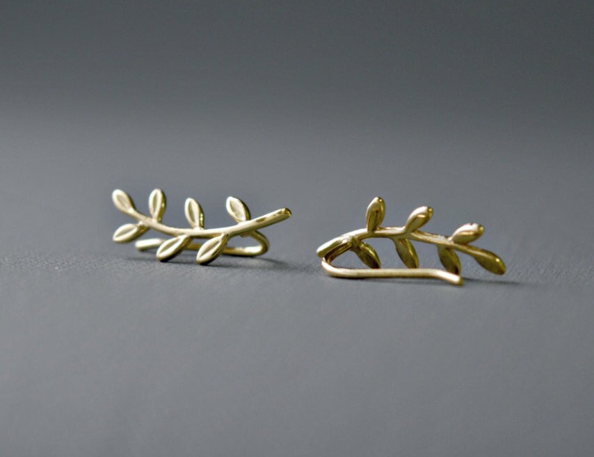 Leaf Ear Climber Gold Ear Cuff Climbing Earrings Leaves Etsy
