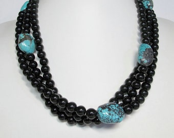 Vintage boho Carolyn Tanner black onyx red and picture jasper stone bead