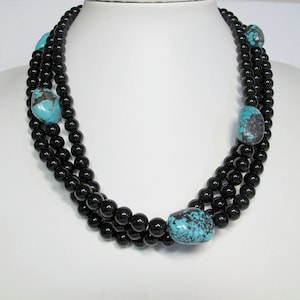 Blue turquoise/Black onyx necklace. Mixed Natural Gemstone necklace. Multi-strand necklace. Sterling silver