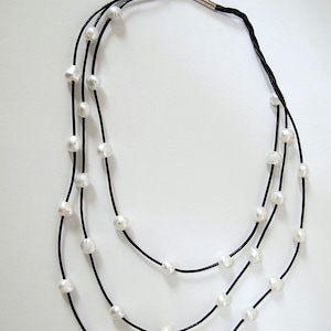 Layered Necklace-Pearl and Leather Necklace-Boho Chic Necklace-Triple Strands