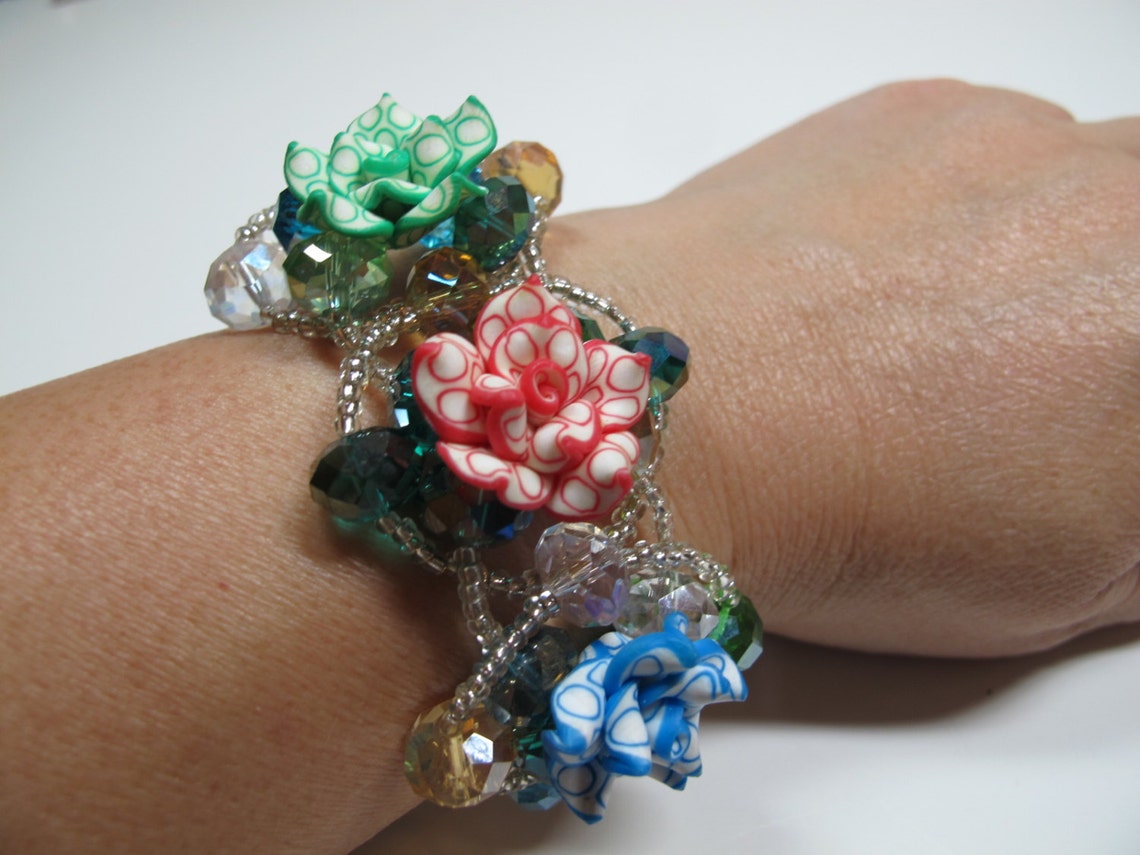 Sale Ploymer Clay Flower Crystal Hand Woven Bracelet - Etsy