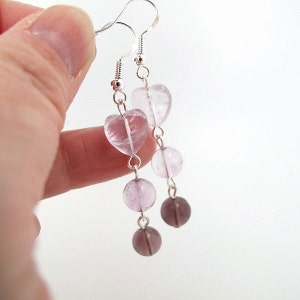 Fluorite earrings. Gemstone earrings. Light purple dangle earrings.
