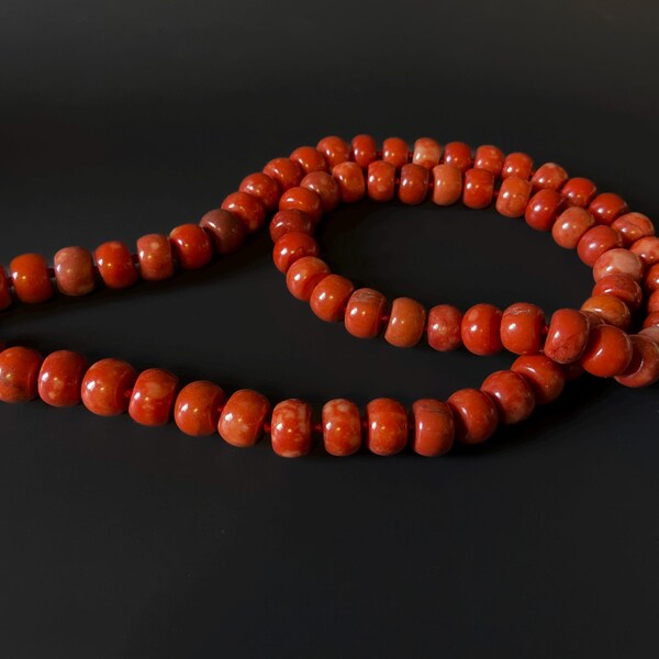 Genuine Natural Red Coral Rondelle beads necklace 28''. Hand-knotted Large coral beads necklace. Extra-long Natural Coral Beads necklace.