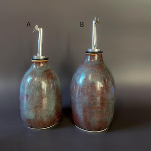 Hand-Thrown Pottery Oil Dispenser. Vinegar Cruet. Iron Ruster Glazing