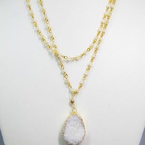 Raw Druzy Pendant Necklace. Long Rosary Necklace. Silver and gold