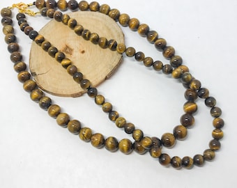Tiger's Eye Beaded Necklace: Golden Brown Gemstone, Gold Clasp