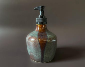 Handmade Stoneware Soap & Lotion Dispenser. Pottery Soap Pump. Wheel-thrown pottery. Iron Ruster Glazing