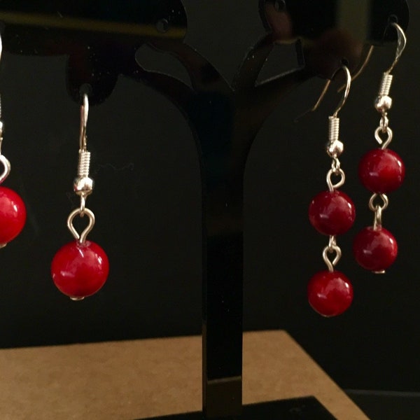 Red coral earrings, Sterling Silver, Dangle, Gemstone earrings, Silver and Red