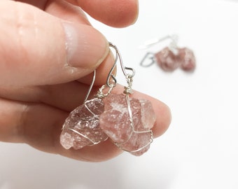 Natural Strawberry Quartz Earrings,  Raw stone Earrings, Gemstone earrings, Free shipping