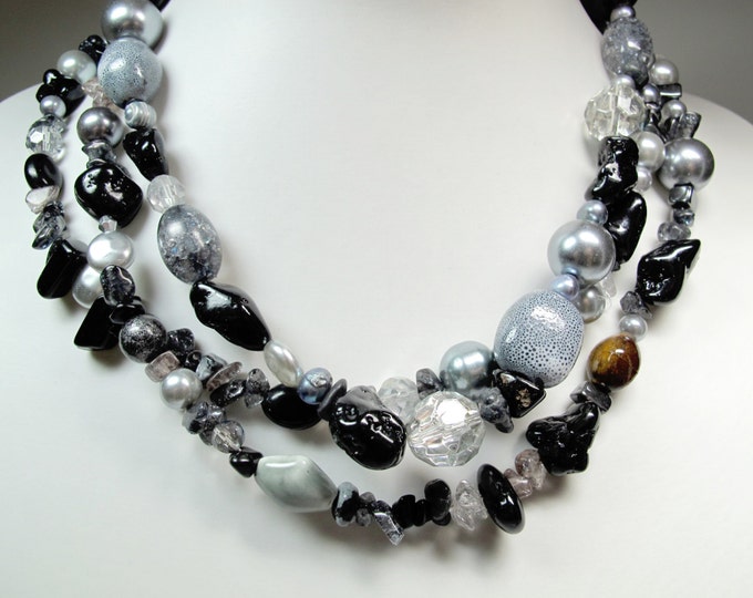 Mixed Beads Necklace Set, Multi Strand Necklace With Earrings, Black