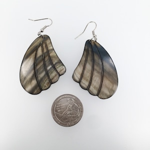Black MOP Shell Dangle Earrings: Carved Angel Wing Design
