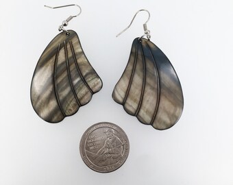 Black MOP Shell Dangle Earrings: Carved Angel Wing Design