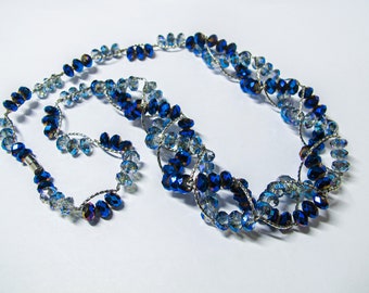 Sparkling necklace, Blue/Brown necklace, Graduated necklace, beaded necklace, Crocheted necklace