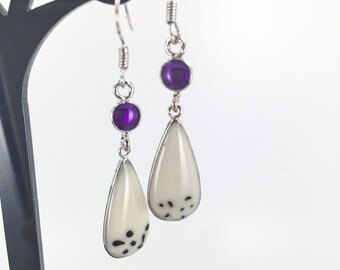 White teardrop earrings. Silver white /purple dangle drop earrings. Dainty earrings, Teardrop