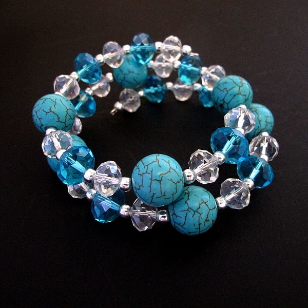 Price reduced!!! Blue turquoise imitation, Swarovski Crystal Gemstone Memory Wire Bracelet,One Size Fits All