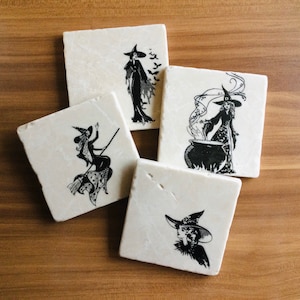 Witch Coasters ~ Halloween Coasters ~ Halloween Decorations ~ Autumn Coasters~ Set of 4 Coasters ~ Halloween Decor