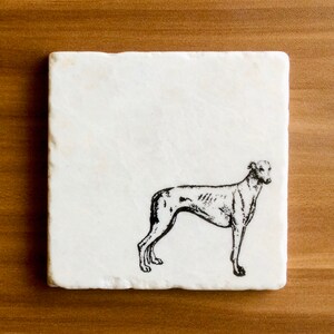 Op de afbeelding: Vierkante witte marmeren onderzetter met een zwarte illustratie van een windhond. De hond is in profiel afgebeeld. De onderzetter heeft een licht getextureerd oppervlak.