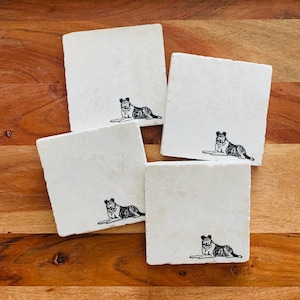 May include: Set of four white square coasters with black and white illustrations of a dog on each coaster.