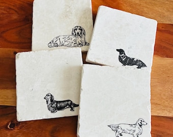 Long Haired Dachshund Coaster Set ~ Long Haired Dachshund ~ Doxie Mom ~ Doxie Dad ~ Wiener Dog Gifts ~ Handmade Gift ~ Housewarming Gift