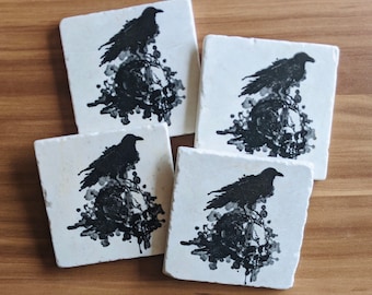 Raven Coasters ~ Stone Coasters ~ Natural Stone Tile Coasters ~ Stone Cocktail Coasters~ Set of 4 Coasters ~ Drink Coasters