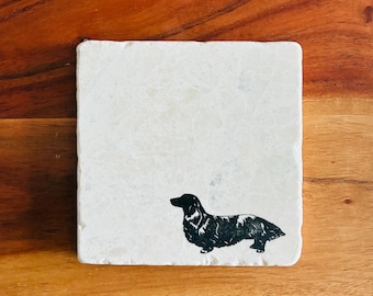 Long Haired Dachshund Coaster Set ~ Long Haired Dachshund ~ Doxie Mom ~ Doxie Dad ~ Wiener Dog Gifts ~ Handmade Gift ~ Housewarming Gift