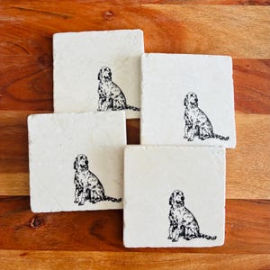 以下が含まれることがあります： 白大理石製のコースター4枚セット。黒と白の犬のイラストが描かれており、それぞれ異なるポーズをしています。