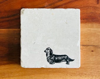 Long Haired Dachshund Coaster Set ~ Long Haired Dachshund ~ Doxie Mom ~ Doxie Dad ~ Wiener Dog Gifts ~ Handmade Gift ~ Housewarming Gift