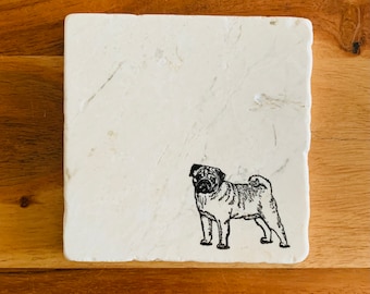 May include: White square coaster with a black and white illustration of a pug dog.