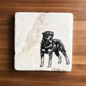 May include: A white marble coaster with a black and white illustration of a Rottweiler dog.
