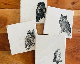 Owl Marble Coasters ~ Owl Lover Gift ~ Bird Watcher Gift, Farmhouse Decor ~ Owl Gift ~ Great Horned Owl Coasters ~