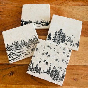 Winter Coasters ~ Winter Season Decor ~ Farmhouse Decor ~ Housewarming Gift ~ Coasters~ Marble Coasters ~ Christmas Coasters