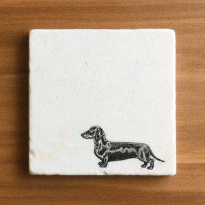 Pu&ograve; includere: Sottobicchiere in marmo bianco con una silhouette nera e bianca di un bassotto.