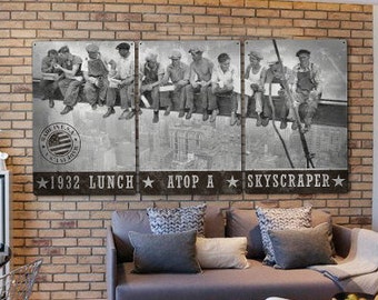 Lunch Atop A Skyscraper Triptych Metal Sign, Americana, Wall Decor, Wall Art 72"x36" and 36"x18"