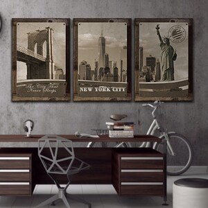 New York City, Skyline, Landmarks Brooklyn Bridge, Statue of Liberty , METAL Triptych, Optional Rustic Wood Frame, Wall Art, FREE SHIPPING!!