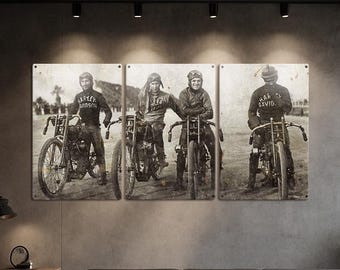 Vintage Harley-Davidson Motorcycle Wrecking Crew – Panoramic Wall Art (Triptych Metal Sign)